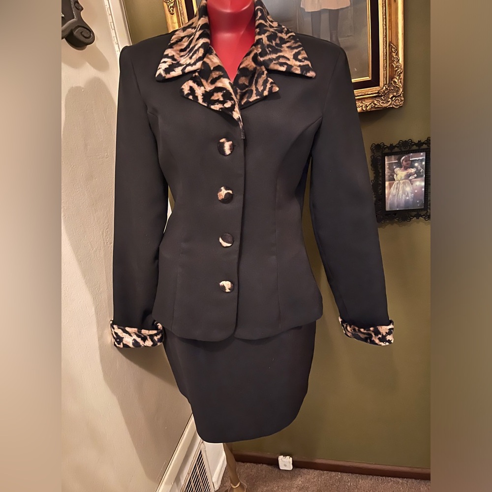 Heart & Soul blazer and a-line mini skirt suit with faux leopard trim
